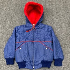 Vintage 80s Blue Quilted Faux-Fur Lined‎ Hooded Zip Jacket Size 4